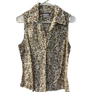 Columbia Sportswear sleeveless button shirt, brown floral, size medium.